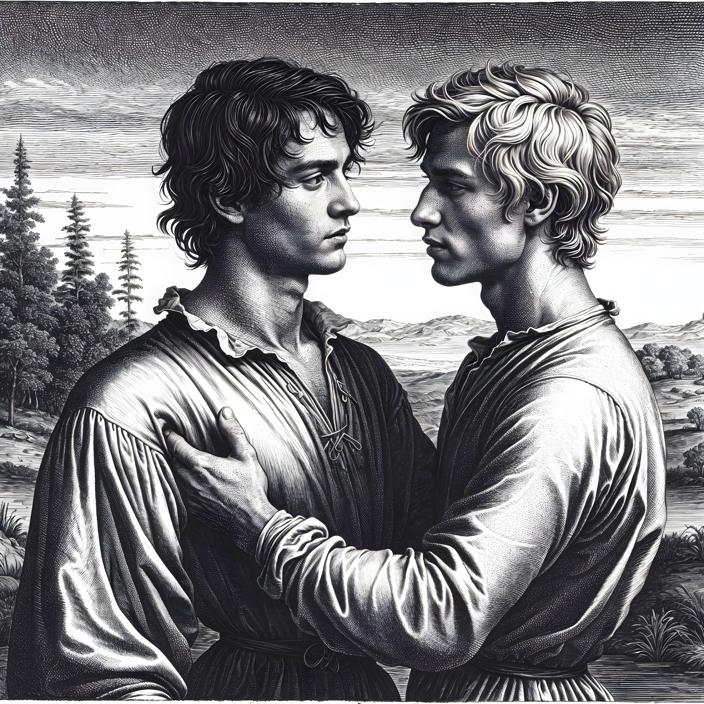 Intense Portrait of Two Young Men in Monochrome Landscape