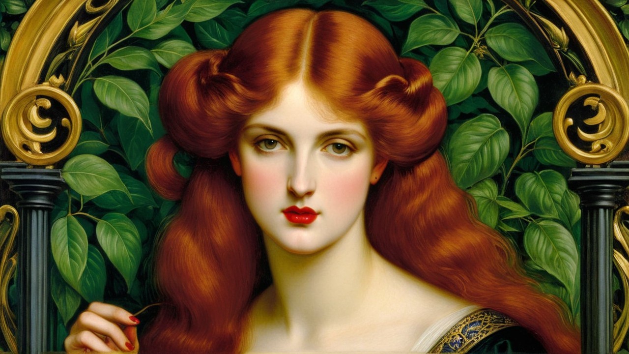Portrait of a Woman with Red Hair and Green Leaves