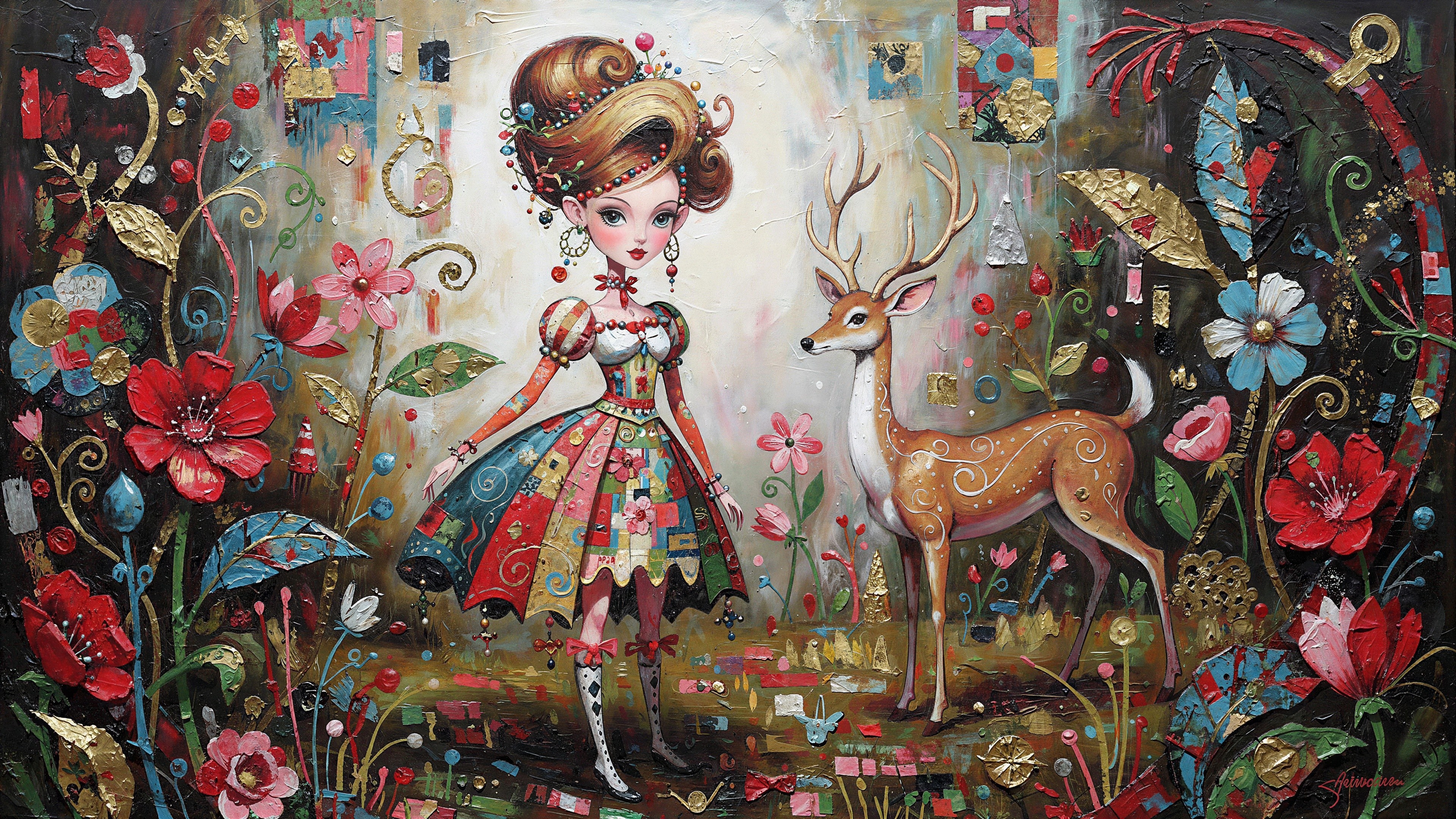 Whimsical Girl and Deer in Vibrant Forest Painting