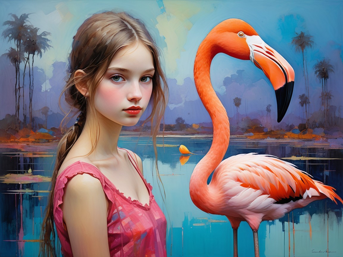 Young girl with flamingo in tropical scene