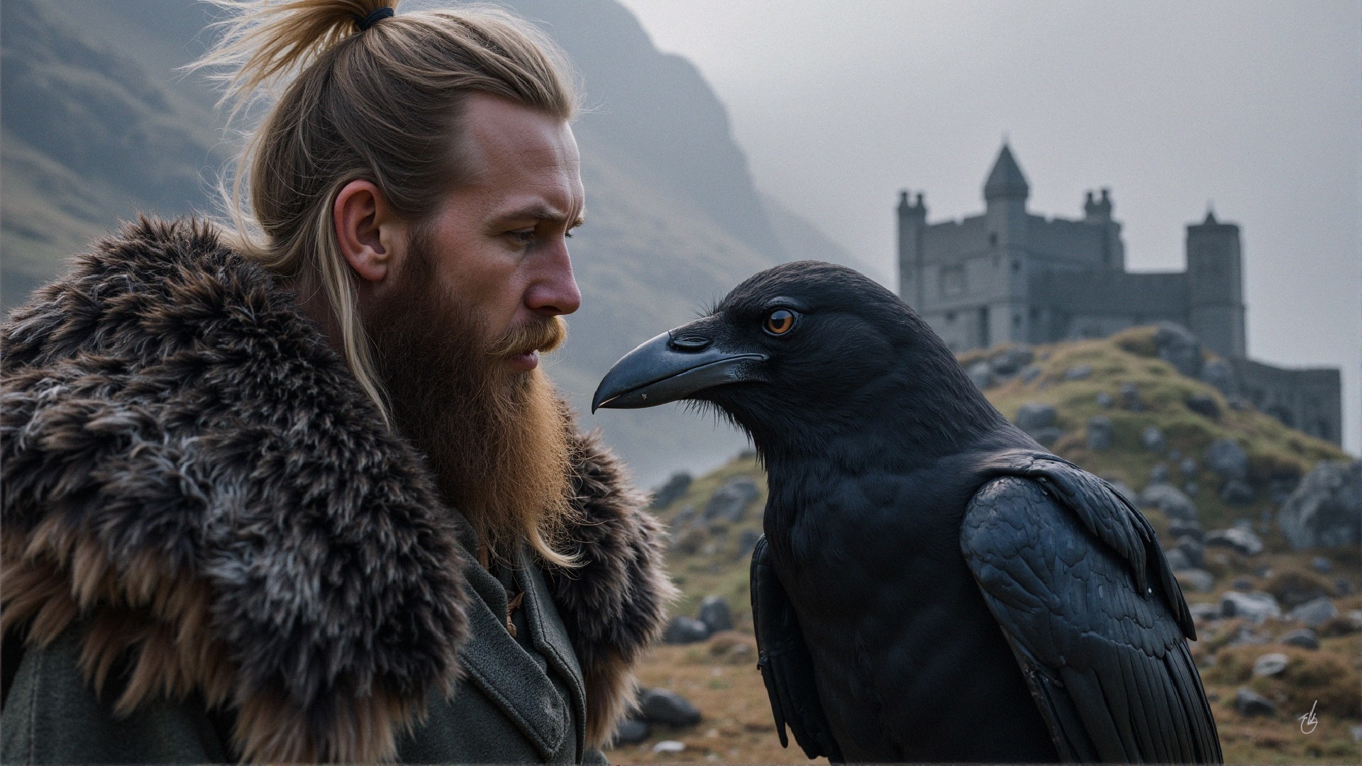 Rugged Man and Raven in a Misty Castle Landscape