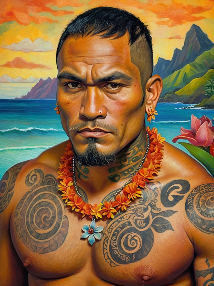 Muscular Man with Tattoos in Tropical Setting