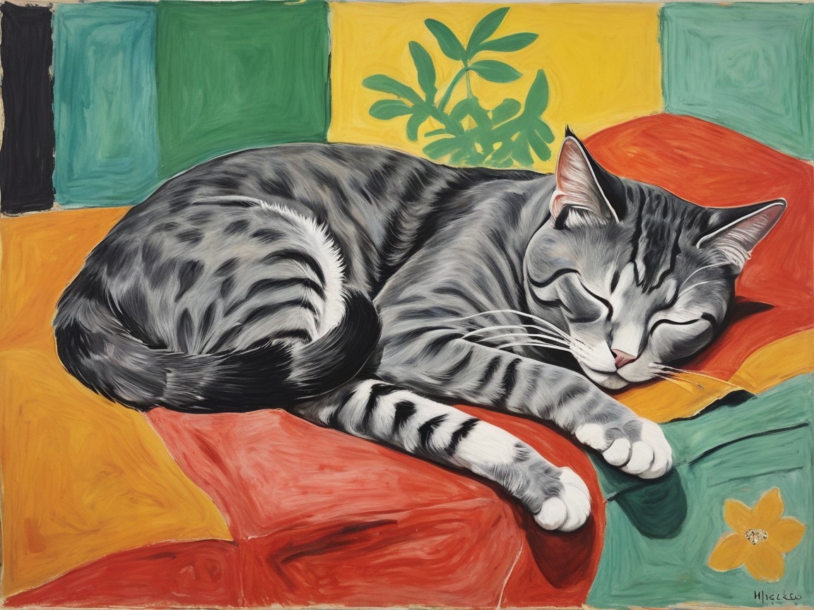 Gray Tabby Cat on Colorful Patchwork Blanket