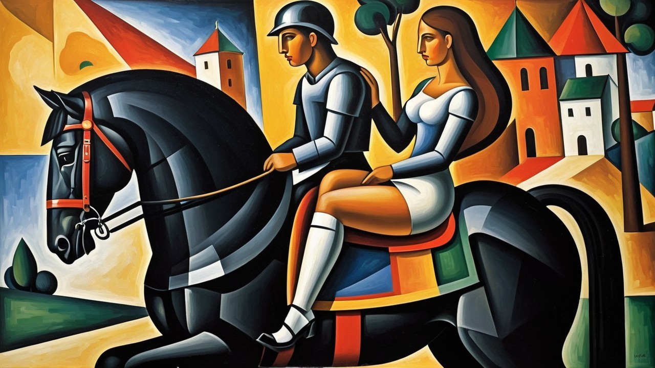 Colorful Painting of Knight, Woman, and Vibrant Landscape