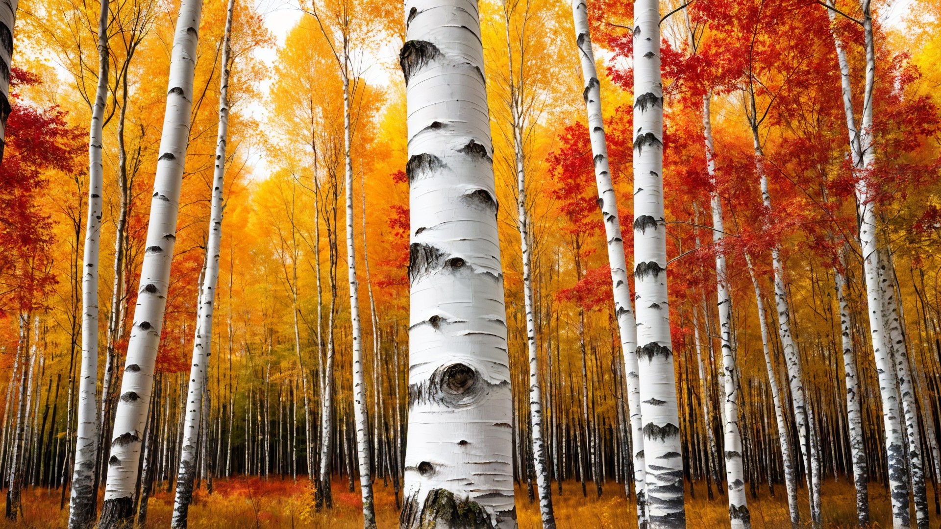 Serene Forest with Birch Trees and Autumn Foliage