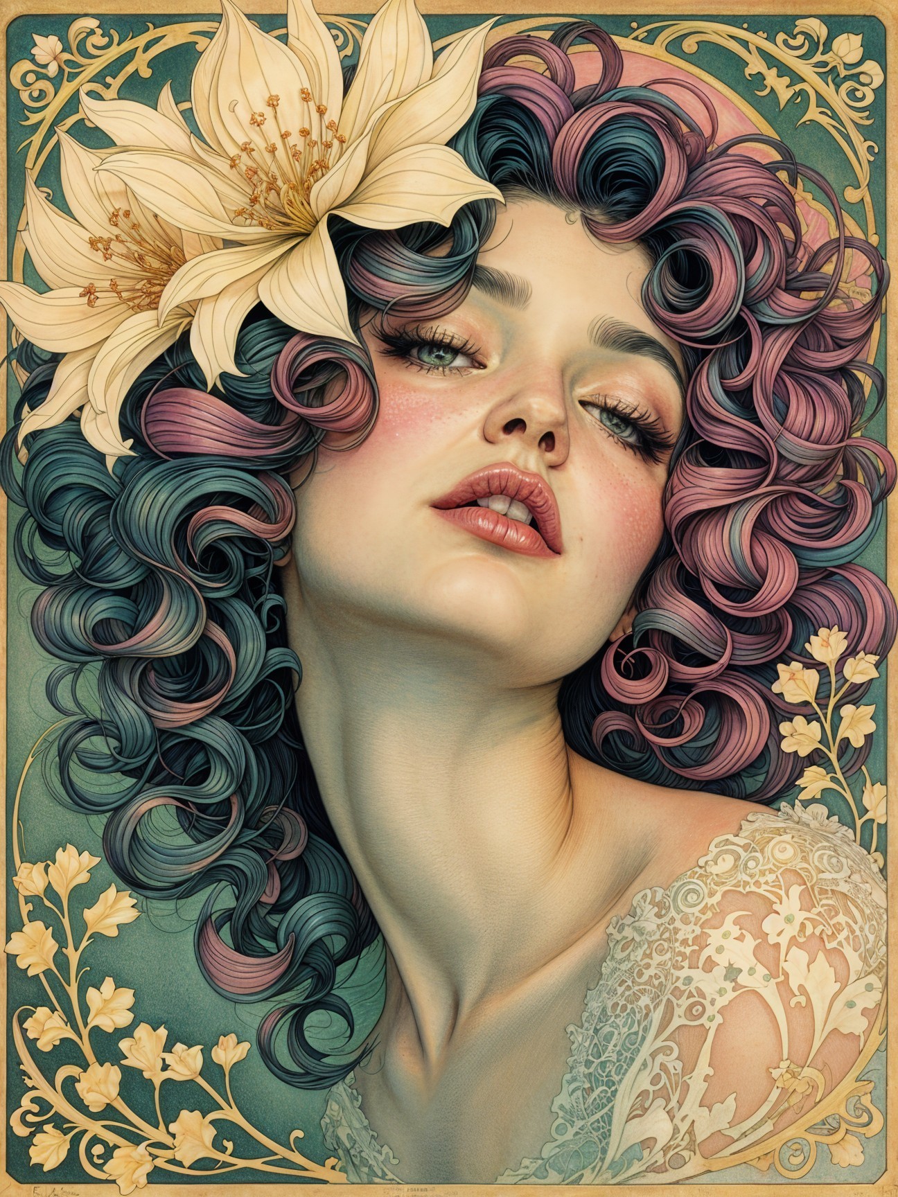 Portrait of a Woman with Colorful Curls and Lily