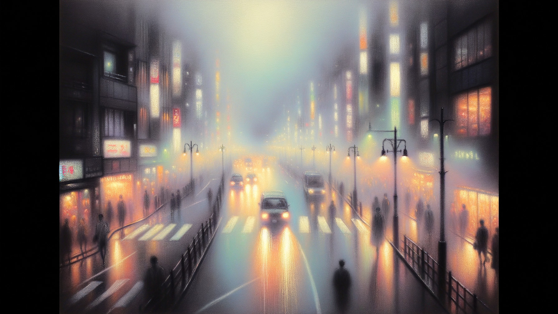 Foggy cityscape with glowing lights and reflections