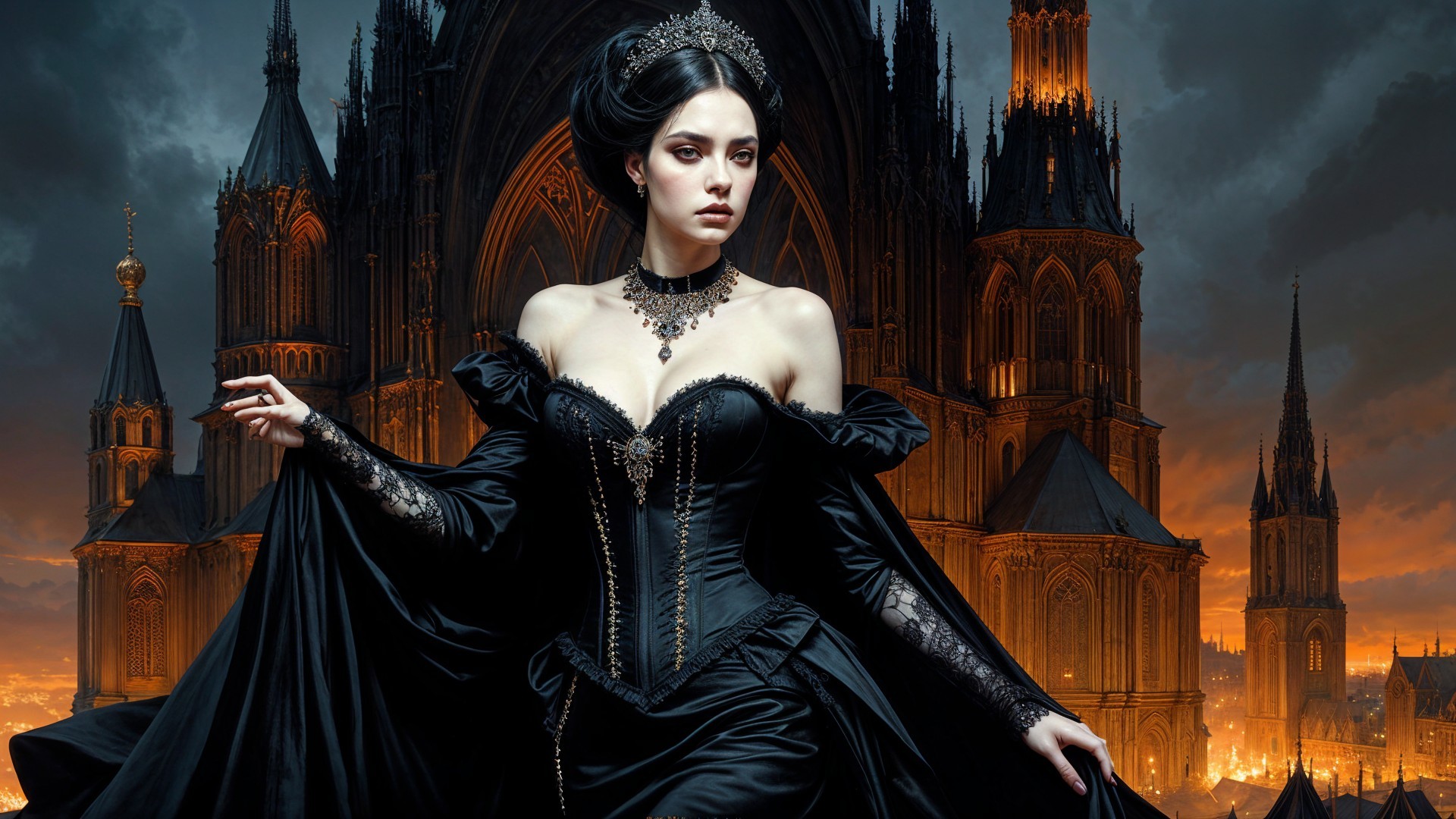 Regal figure in black gown against gothic backdrop