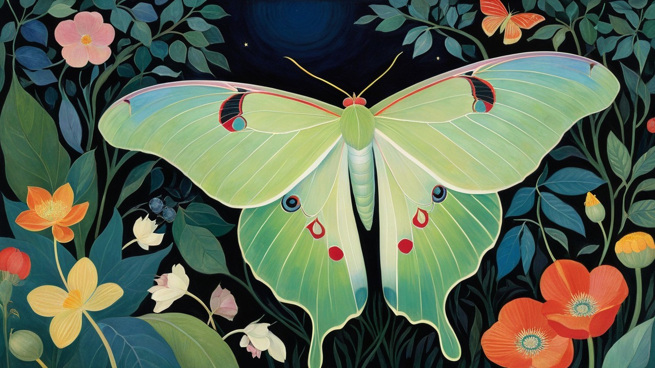 Vibrant Green Butterfly Surrounded by Colorful Flowers
