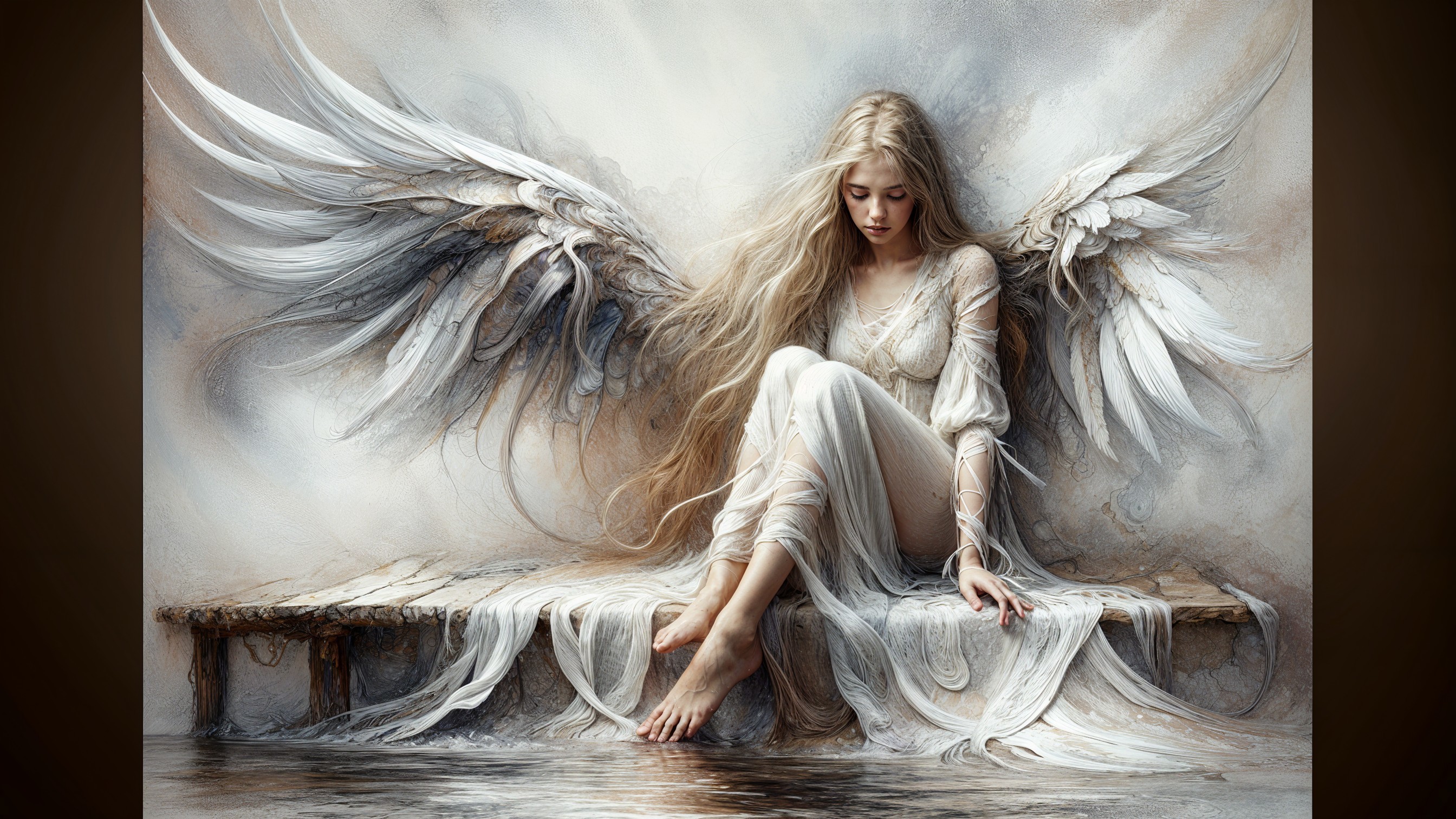 Serene Angelic Figure on Weathered Wooden Bench