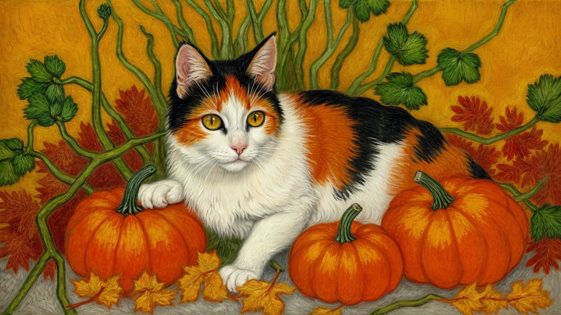 Calico Cat Among Vibrant Pumpkins and Autumn Leaves