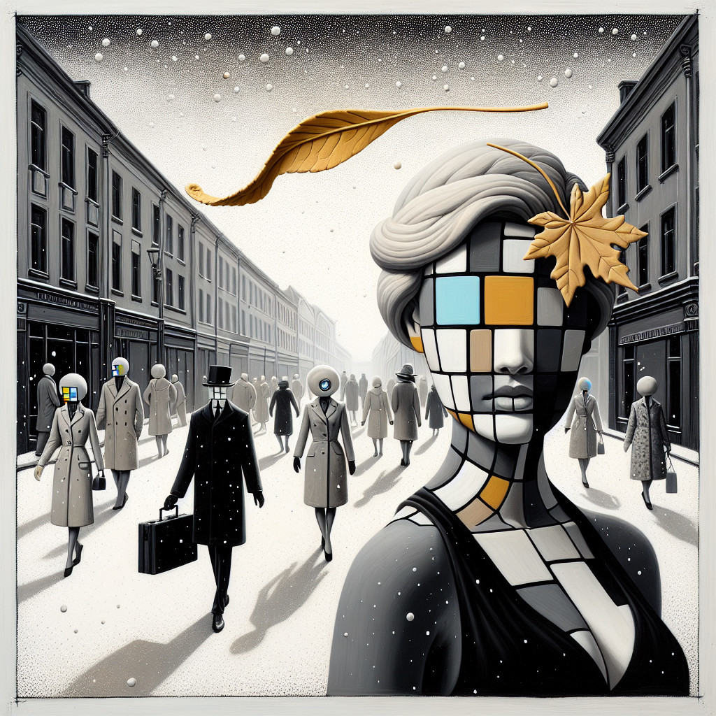 Surreal Urban Scene with Fragmented Faces and Mist