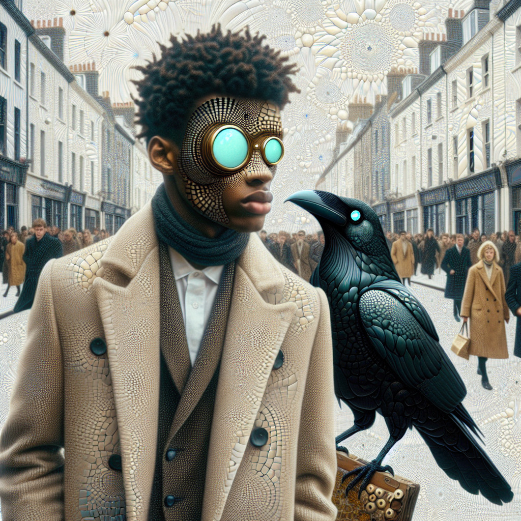 Surreal Street Scene with Young Man and Raven
