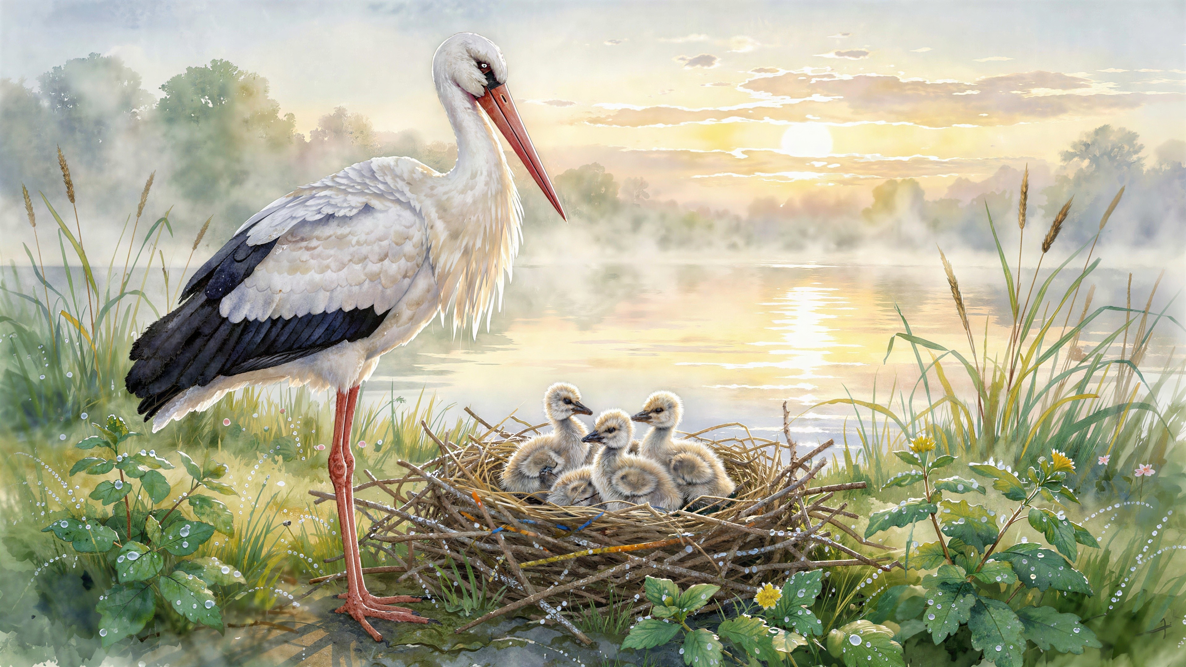 Watercolor Painting of Stork Family by Serene Waterway