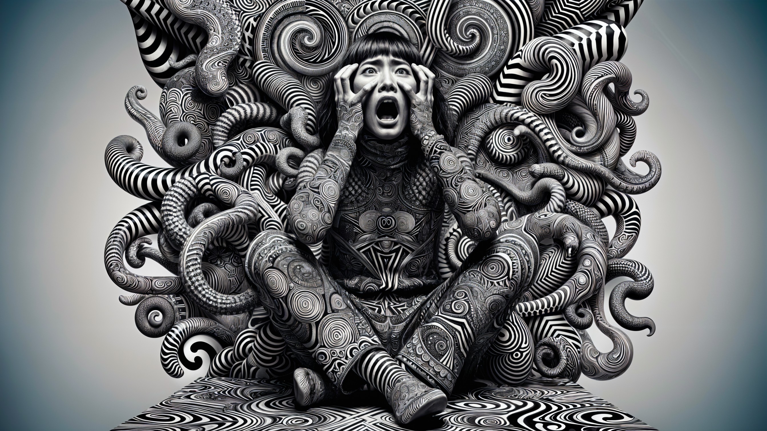 Person in Chaos Surrounded by Abstract Patterns