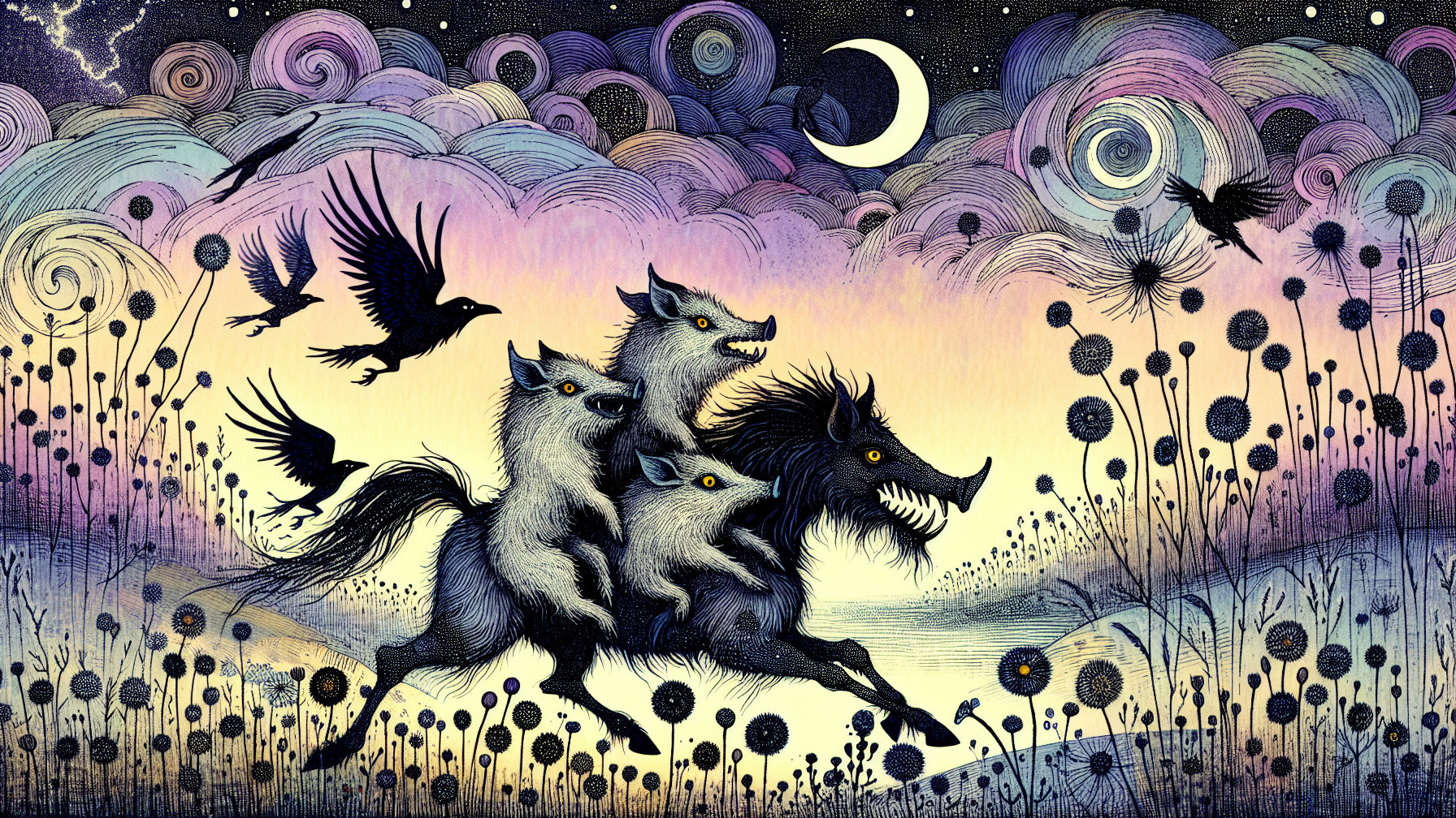 Whimsical Twilight Scene with Playful Wolves and Crows