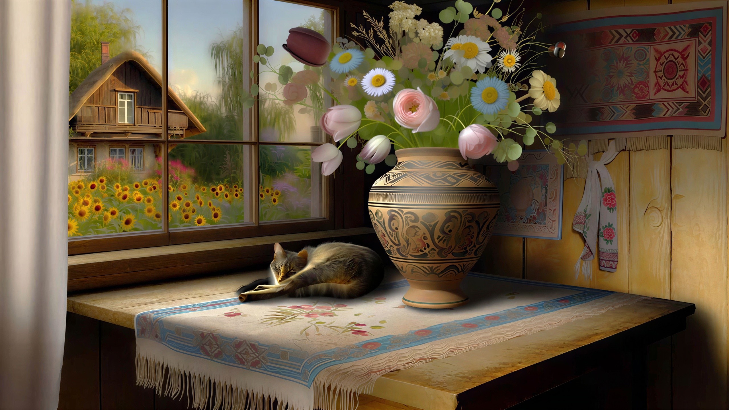 Cozy Interior with Window and Rural Landscape View