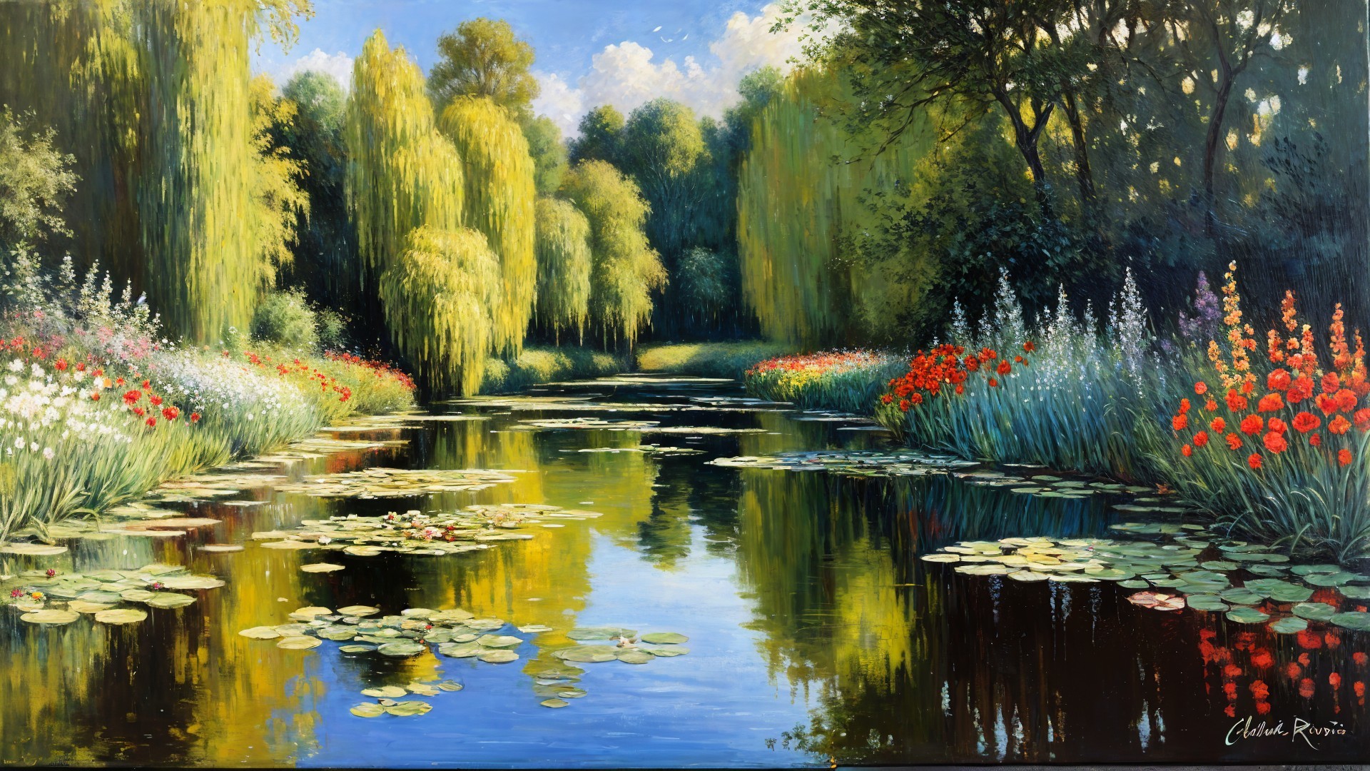 Serene Landscape with Pond and Vibrant Flora