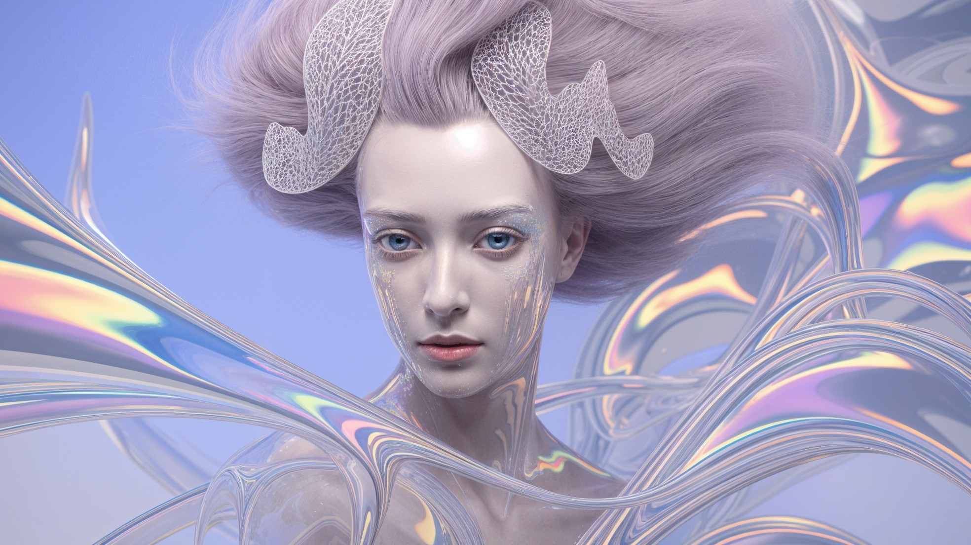 Ethereal figure with iridescent hair and soft pastels