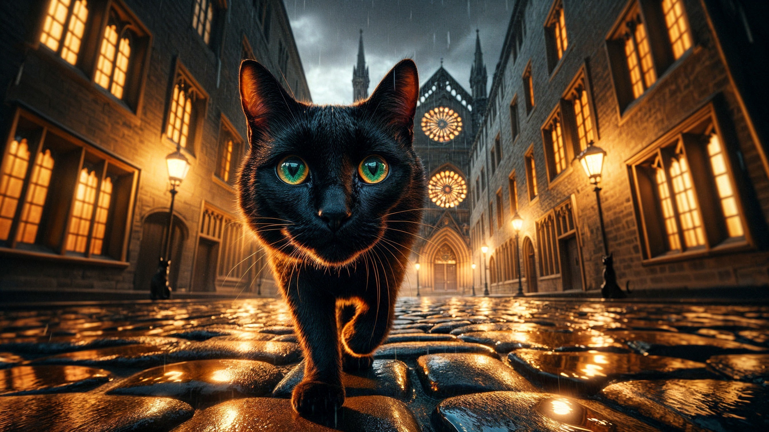Black Cat on Cobblestone Street at Night with Cathedral