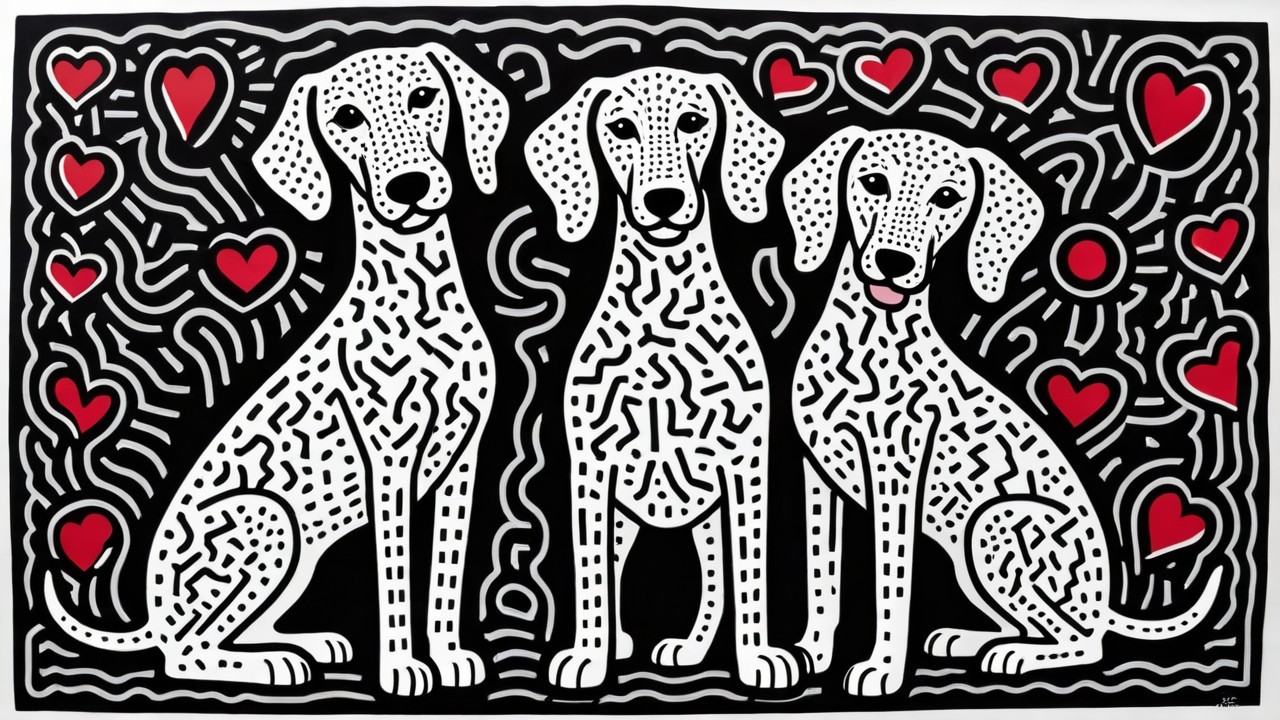 Cartoon Dogs with Hearts on Black Background