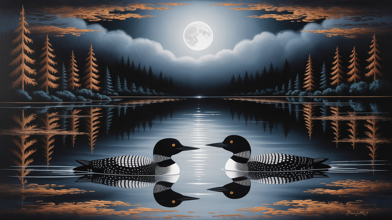 Loons on a Serene Lake Under a Full Moon