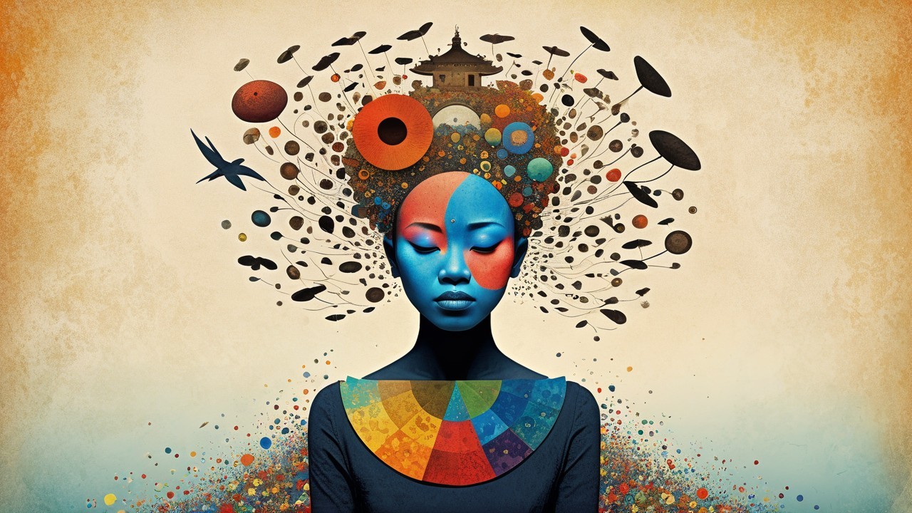 Surreal Portrait of a Woman with Colorful Hair Elements