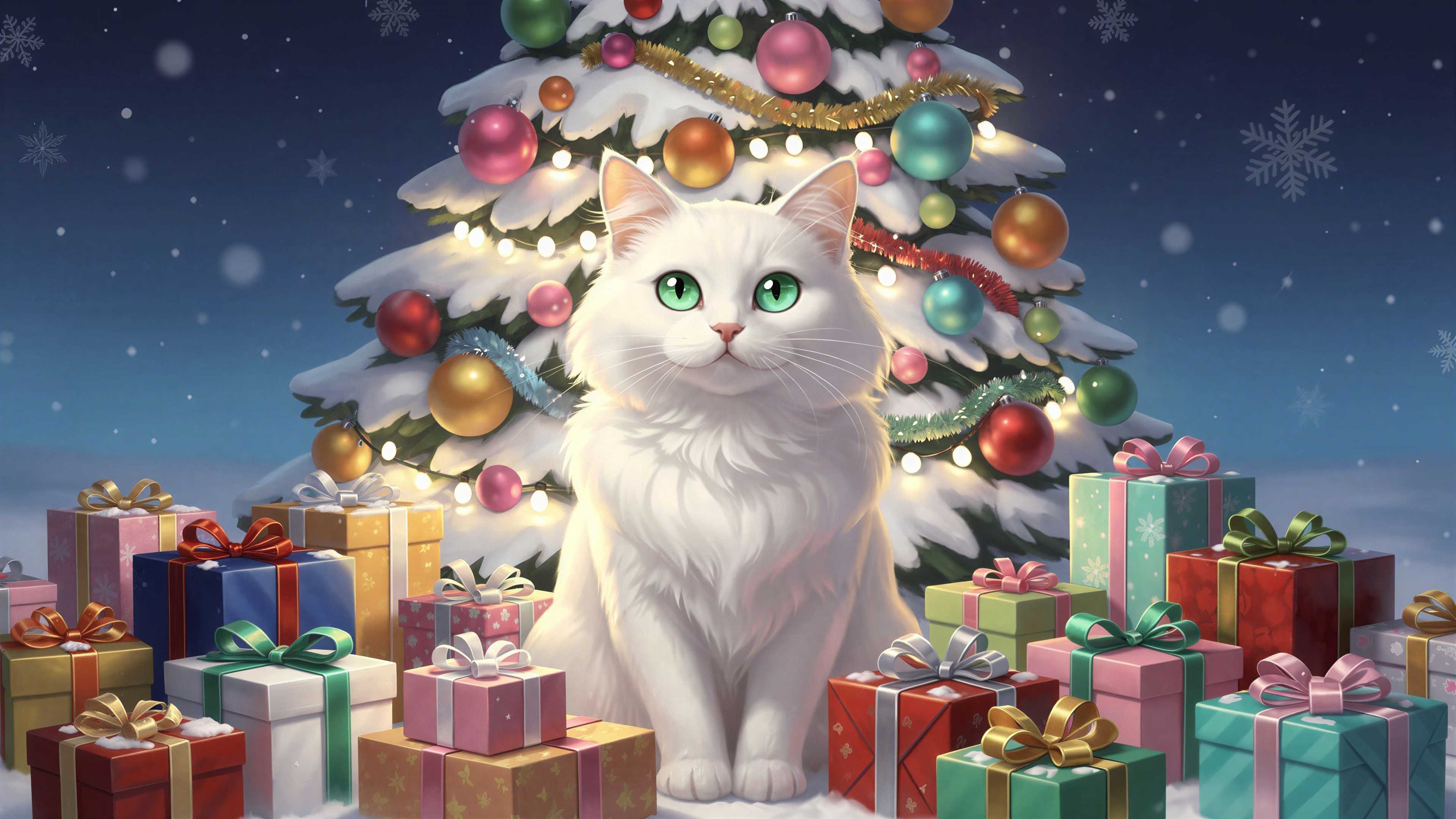 White Long-Haired Cat Amid Colorful Christmas Gifts