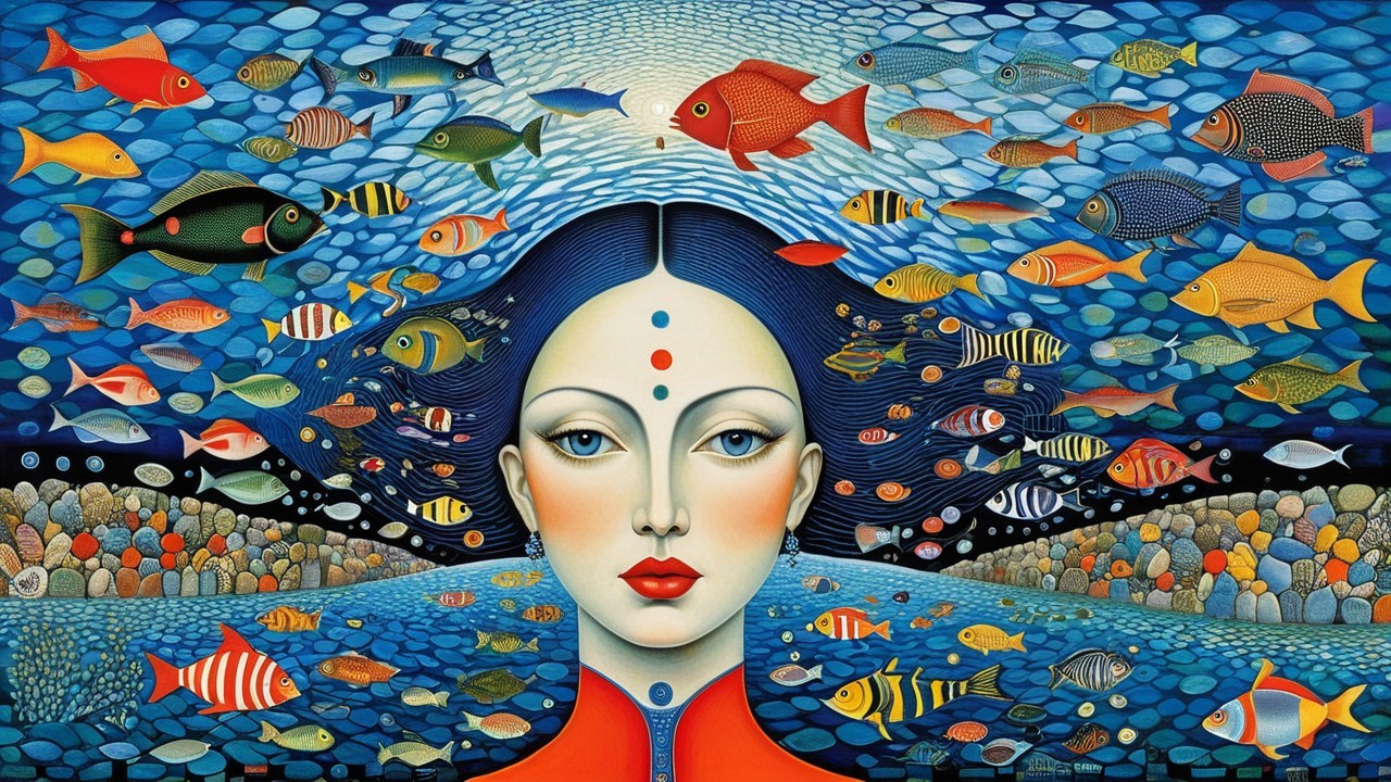 Serene Woman in Vibrant Underwater Scene with Fish