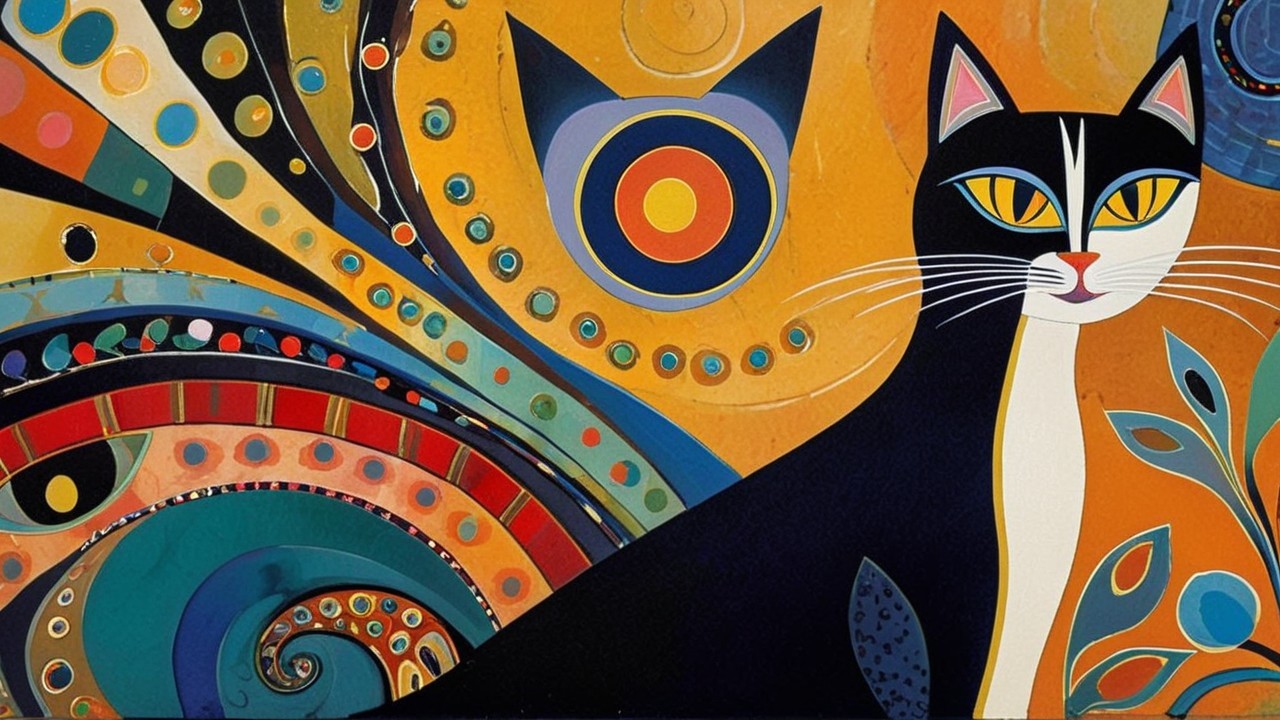 Vibrant Artwork of a Black Cat with Colorful Patterns