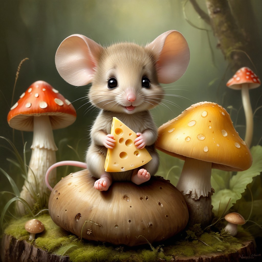 Whimsical Forest Scene with Mouse and Mushrooms
