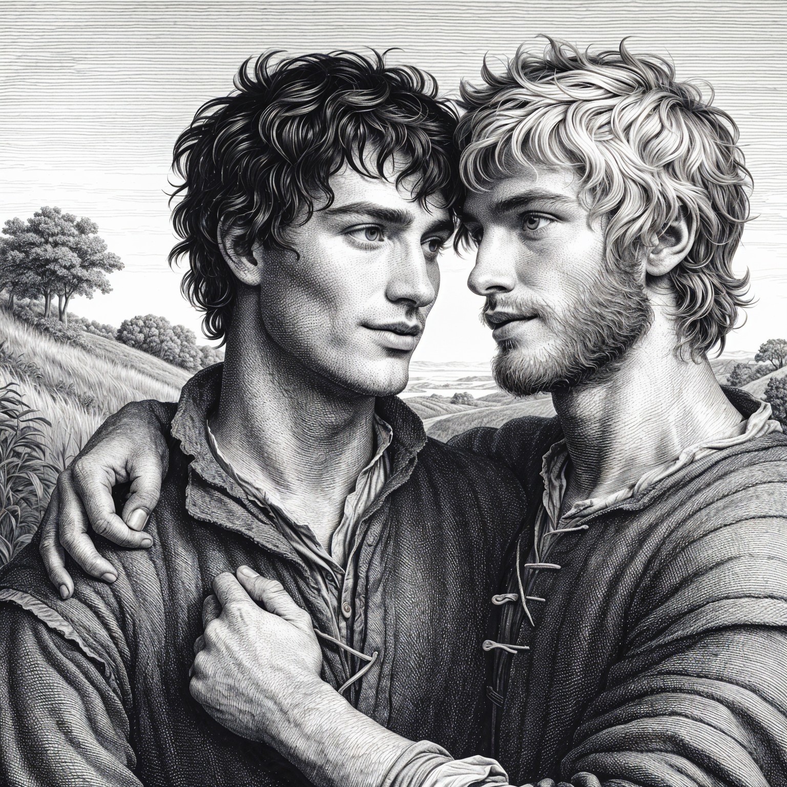 Young Men Embracing in Serene Landscape Illustration