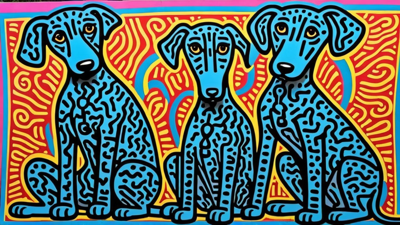 Colorful Artwork of Three Stylized Dogs on Vibrant Background
