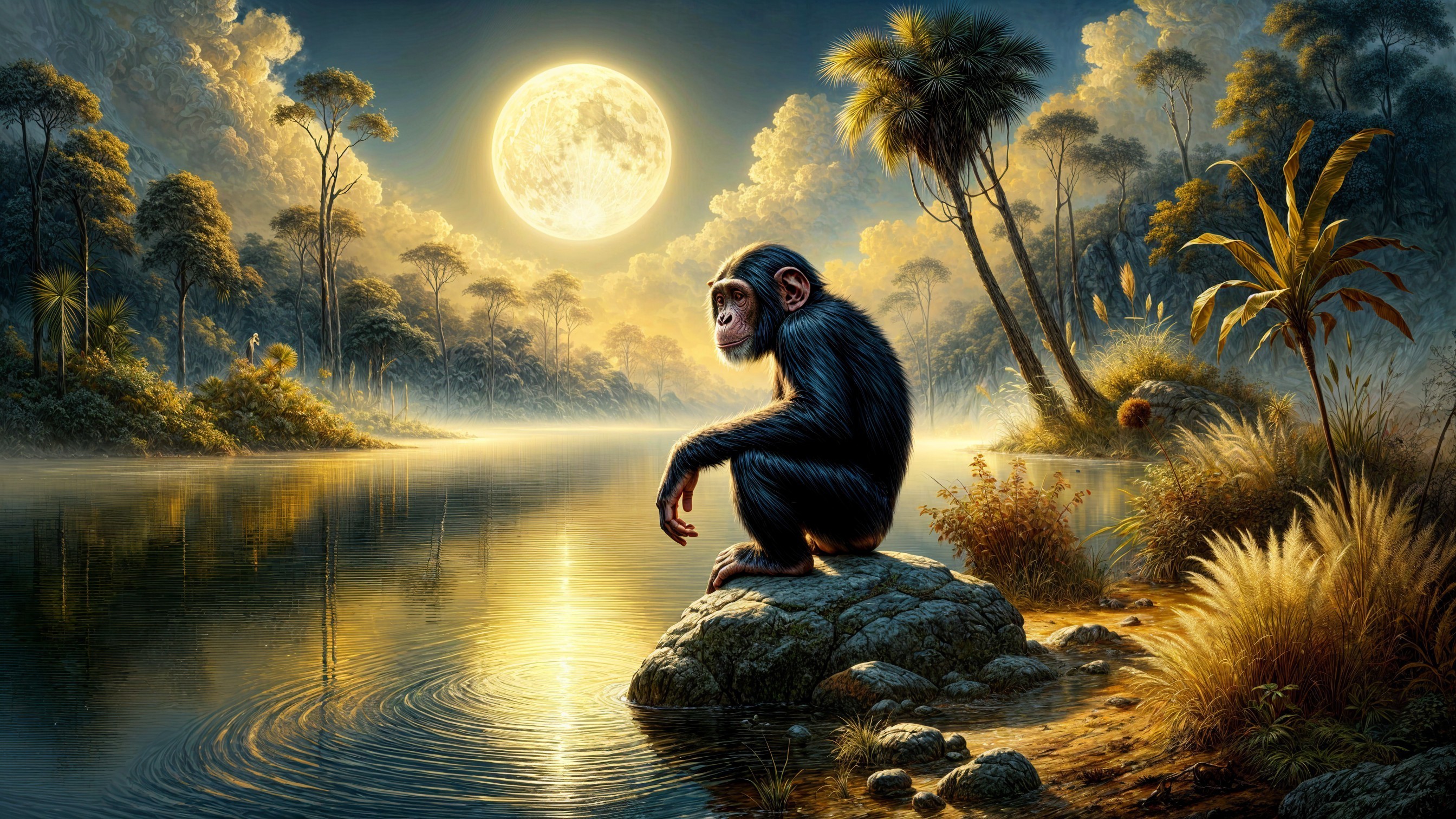 Chimpanzee by River Under Full Moon at Night