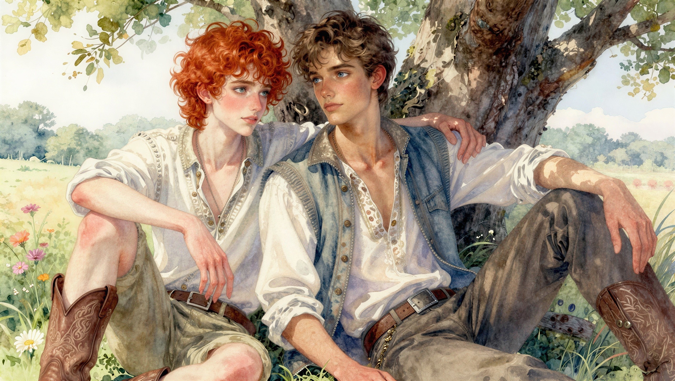 Young Men Relaxing Under a Tree in Wildflower Field