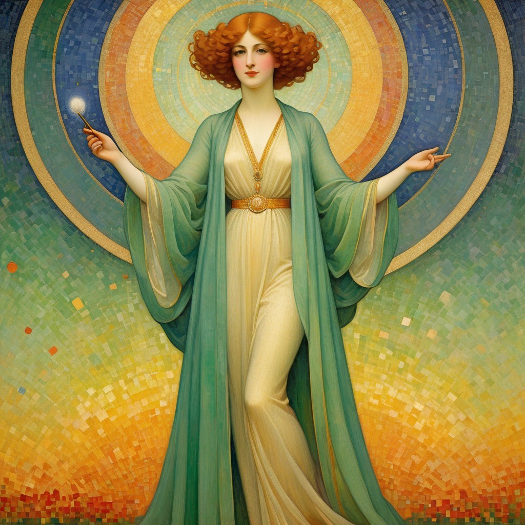 Elegant woman in green gown with glowing orb and wand