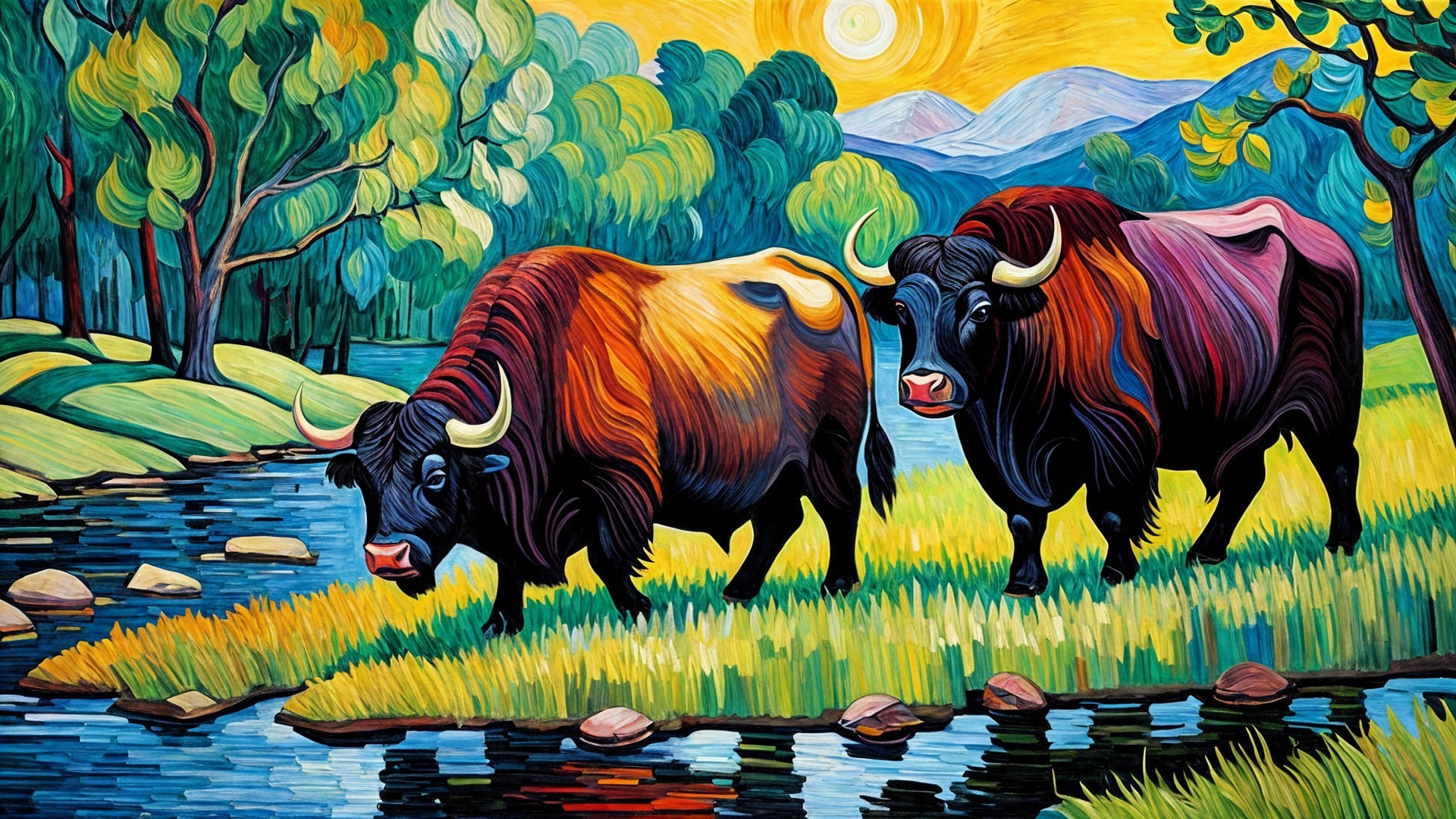 Vibrant Landscape with Bison Grazing by River