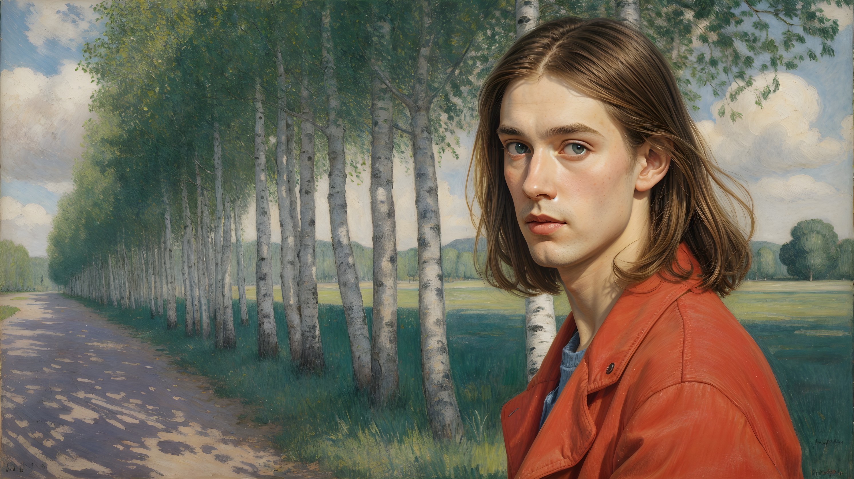 Young person in red jacket in serene landscape