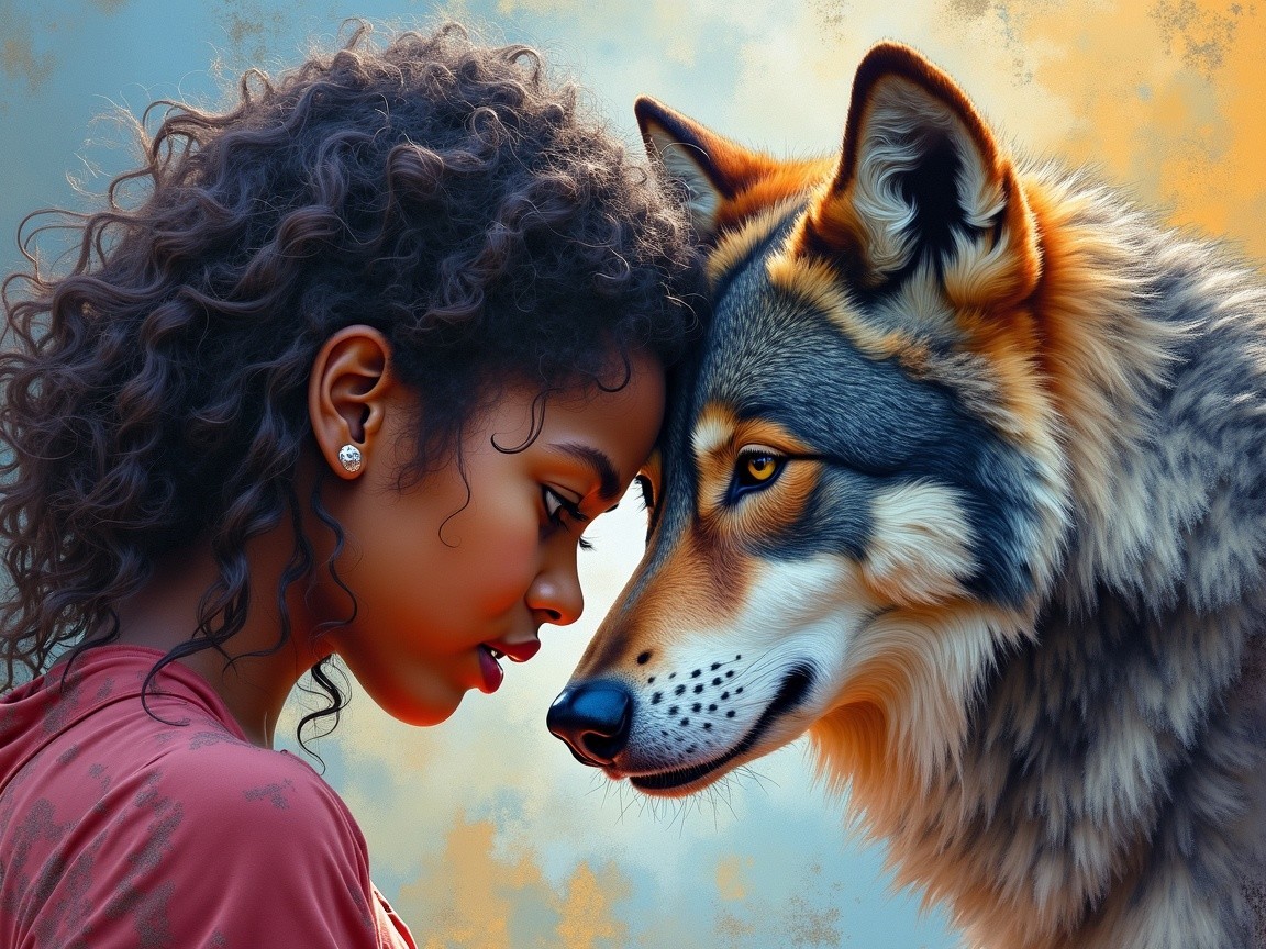 Young girl and calm wolf share a serene connection