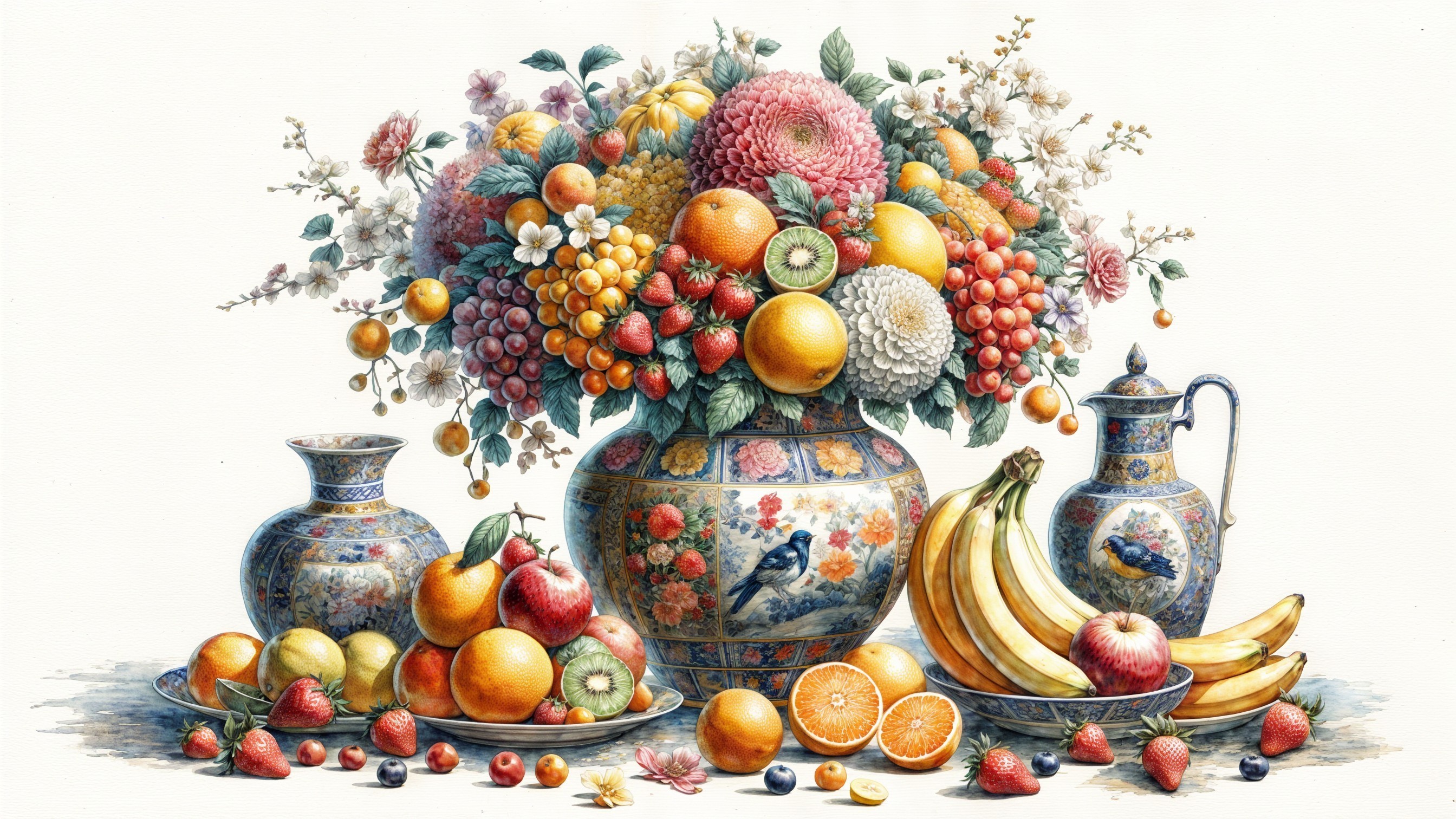 Vibrant Still Life with Flowers and Fruits Arrangement