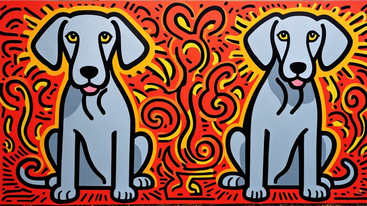 Stylized Gray Dogs on Vibrant Orange Background