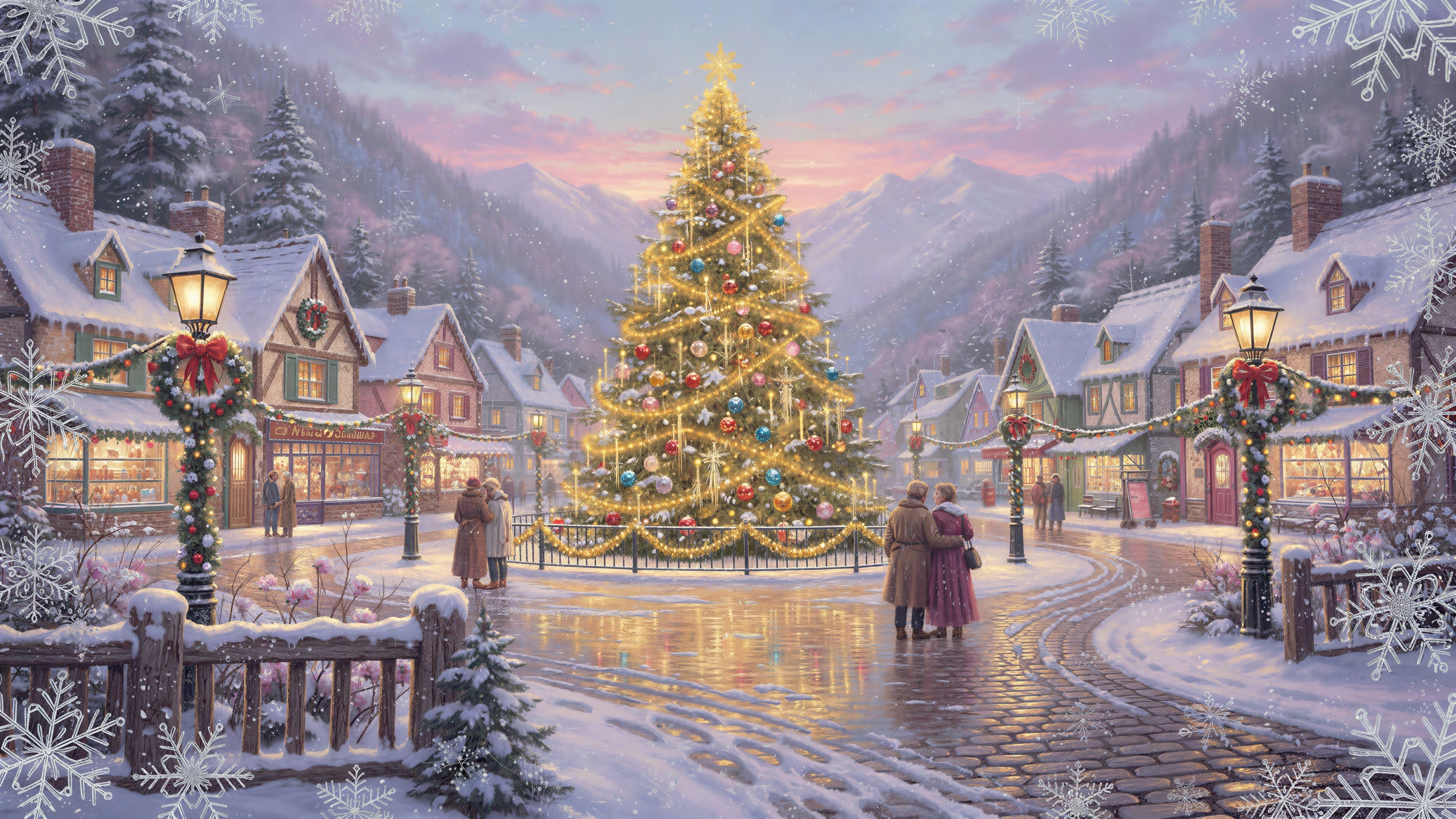Winter Village Scene with Christmas Tree and Snowfall