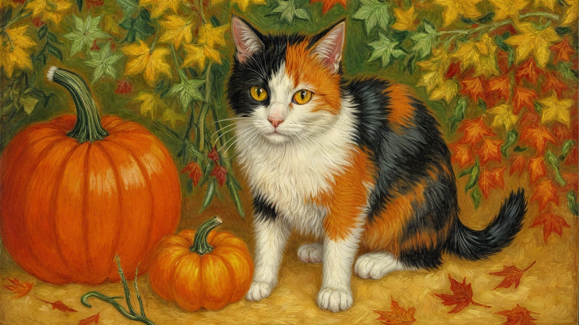 Calico Cat Amidst Autumn Leaves and Pumpkins
