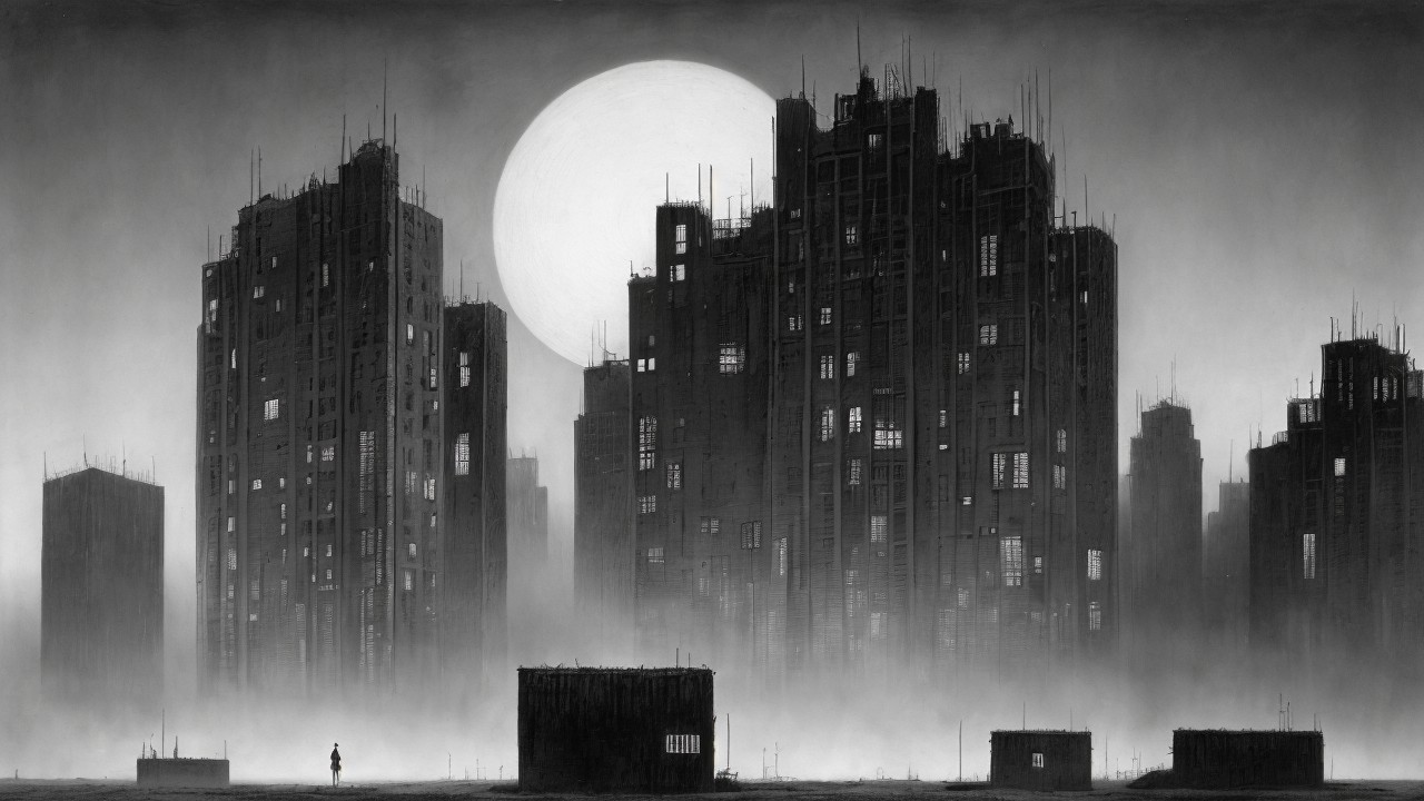 Solitary Figure Against Monochromatic Urban Skyline