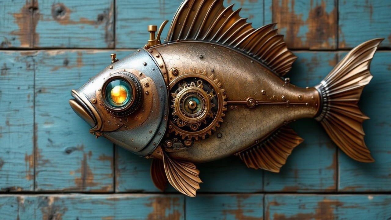 Steampunk Fish Sculpture with Metallic Textures and Gears