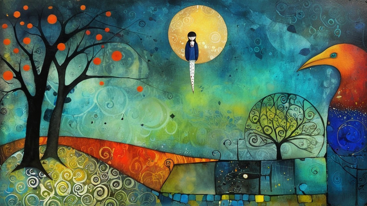 Whimsical Painting of Girl Near Golden Moon and Trees