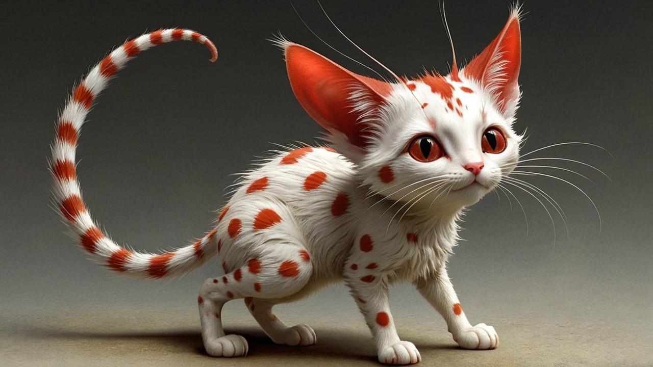 Whimsical Animated Cat with Orange Spots and Gray Background