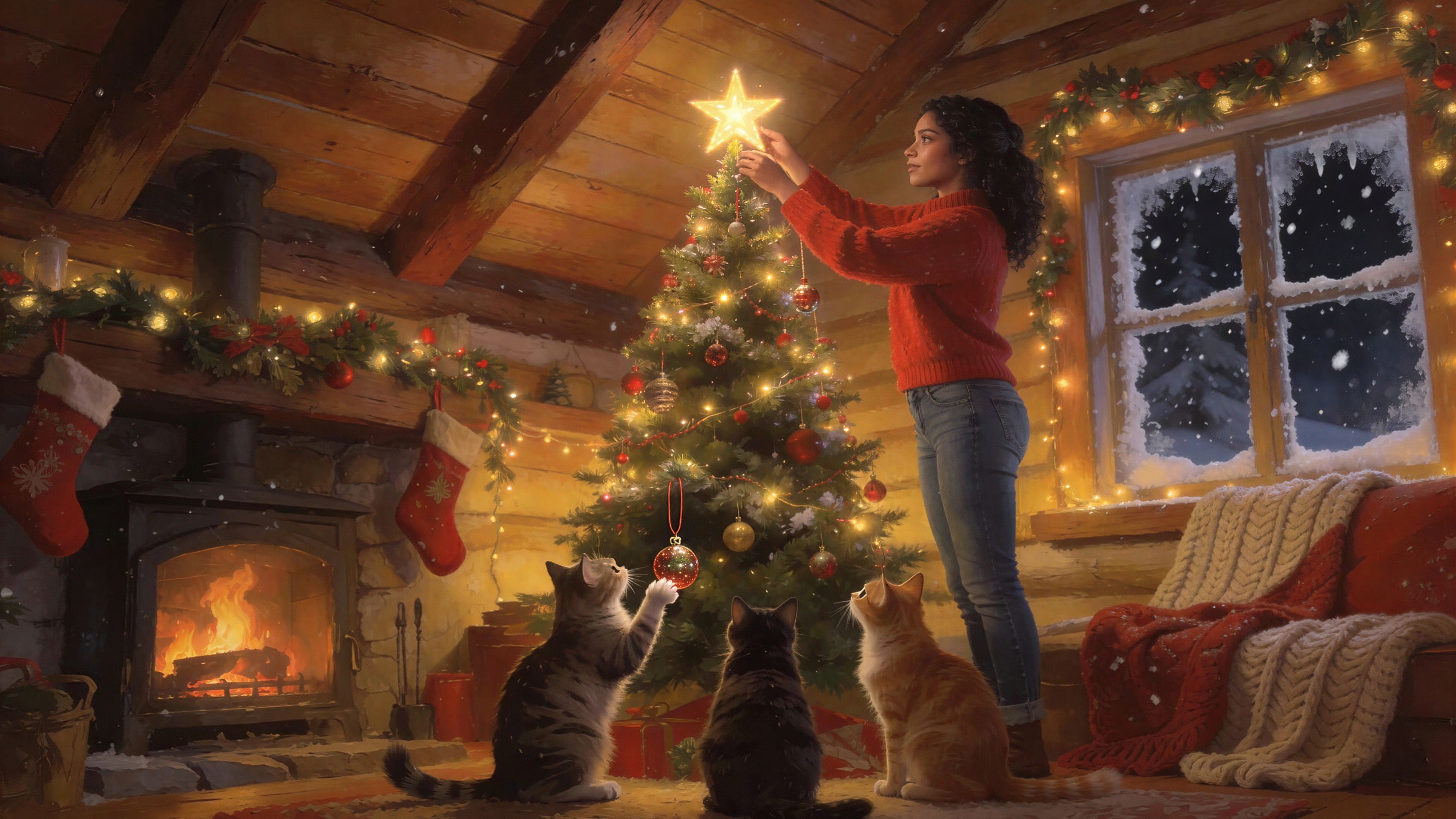 Cozy Christmas Scene with Woman and Three Cats