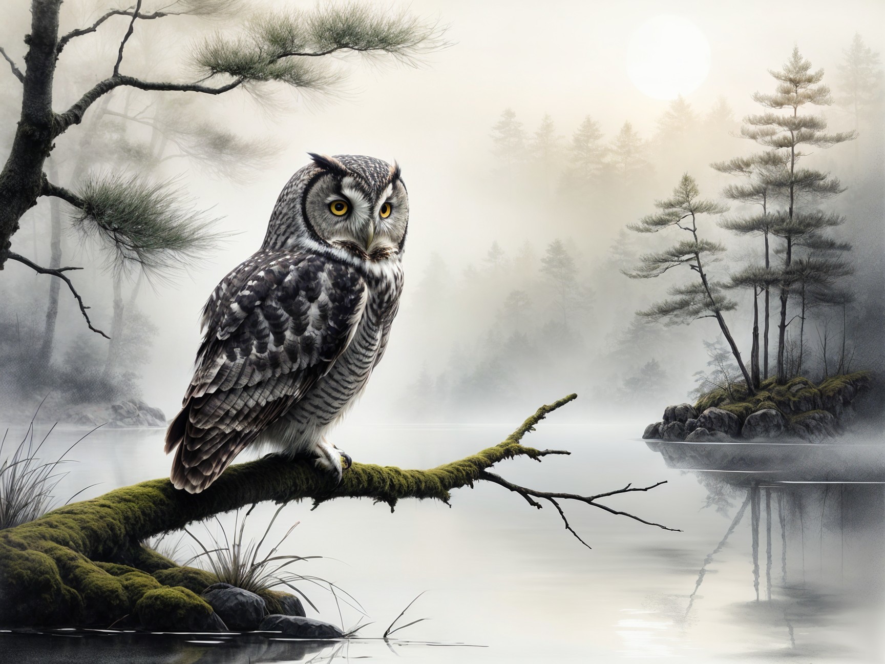 Majestic Owl on Mossy Branch by Misty Lake
