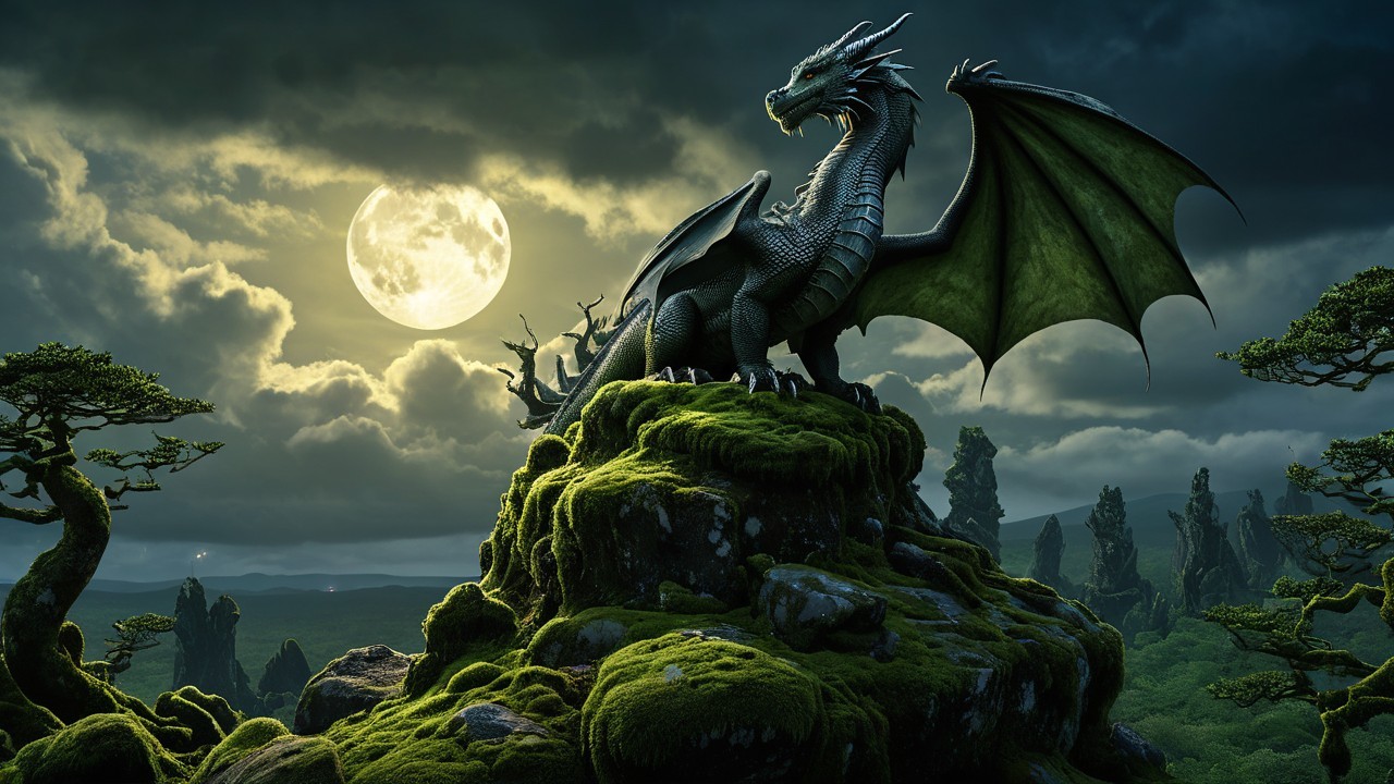 Majestic dragon on mossy rock under full moon